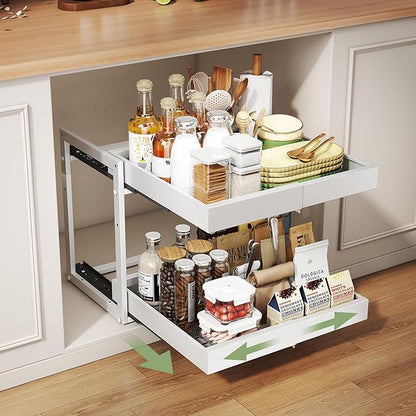 Abalter Expandable Pull Out Cabinet Organizer, 2-Tier Slide Out Drawer for Kitchen Cabinets, Adjustable Width 12–18.5", Slide Out Shelves for Kitchen, Bathroom, Pantry, Heavy Duty Caddy(White)