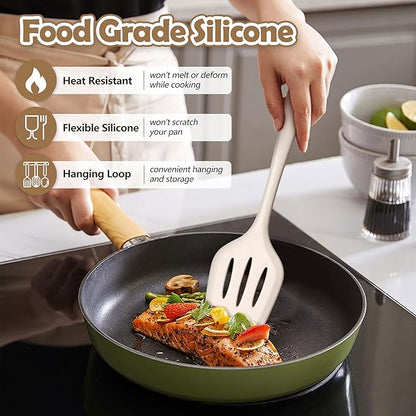 LIANYU 14 Pcs Kitchen Utensils Set with Holder, Silicone Cooking Utensils Spatula Set, Heat Resistant Cookware Tools Includes Spoon Turner Whisk Tong, Dishwasher Safe, Khaki