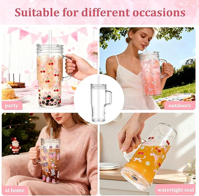 Birity 24oz Pink Bow Glass Cups with Lids and Straws,2 Set Glass Tumbler with Handle,Galss Cup with Stickers and Aesthetic Iced Coffee Cup for Smoothies,Tea,Juice,Boba,Christmas