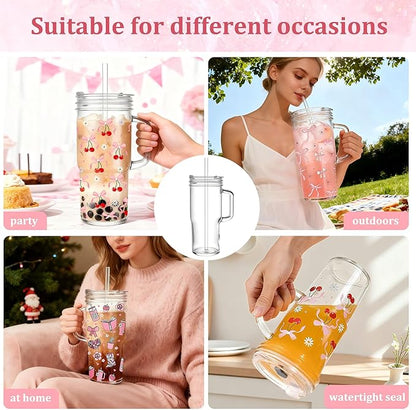 Birity 24oz Pink Bow Glass Cups with Lids and Straws,2 Set Glass Tumbler with Handle,Galss Cup with Stickers and Aesthetic Iced Coffee Cup for Smoothies,Tea,Juice,Boba,Christmas