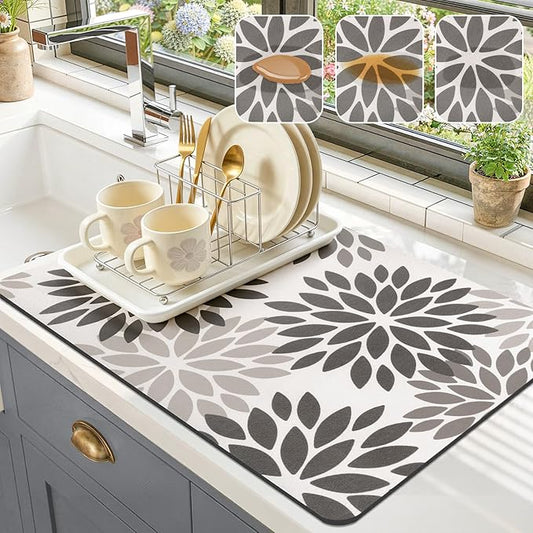Findosom Floral Dish Drying Mat, 16" x 24" Super Absorbent & Hide Stain Coffee Mat, Cuttable Drying Mat for Kitchen Counter, Under Dish Rack, Coffee Maker, Espresso Machine, Dark Gray