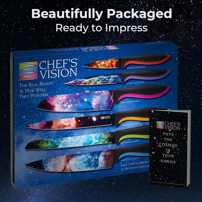 CHEF'S VISION Cosmos Kitchen Knife Set – 6-Piece Stainless Steel Knives with Non-Stick Coating, Dishwasher Safe, Galaxy Design, Unique Gift for Space Lovers