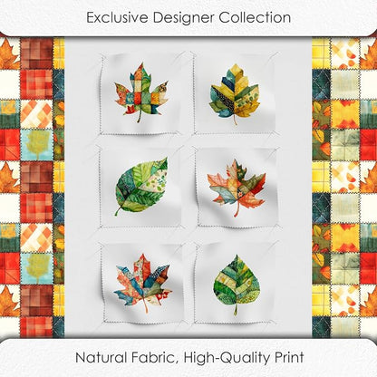 Autumn Leaf Patchwork Cotton Fabric Panel – 6 Designs (10×10 inch Each) + Bonus Sheet 29.5×19.6 inch, 100% Cotton 140 GSM, Made in Türkiye