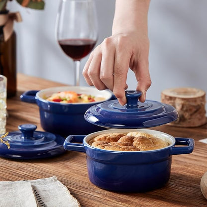 Lareina Mini Cocotte - 12oz Ceramic Casserole Dishes - Kitchen Casserole Sets With Handles And Lid - Small Baking Ramekins - Oven, Microwave & Dishwasher Safe - Set of 4 - Blue