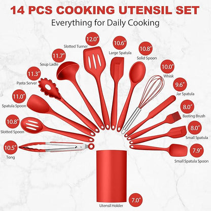 LIANYU 14 Pcs Cooking Utensils Set with Holder, Heat Resistant Silicone Kitchen Cookware Utensils Set, Kitchen Cooking Tools Includes Spatula Spoon Turner Whisk Tong, Dishwasher safe, Red