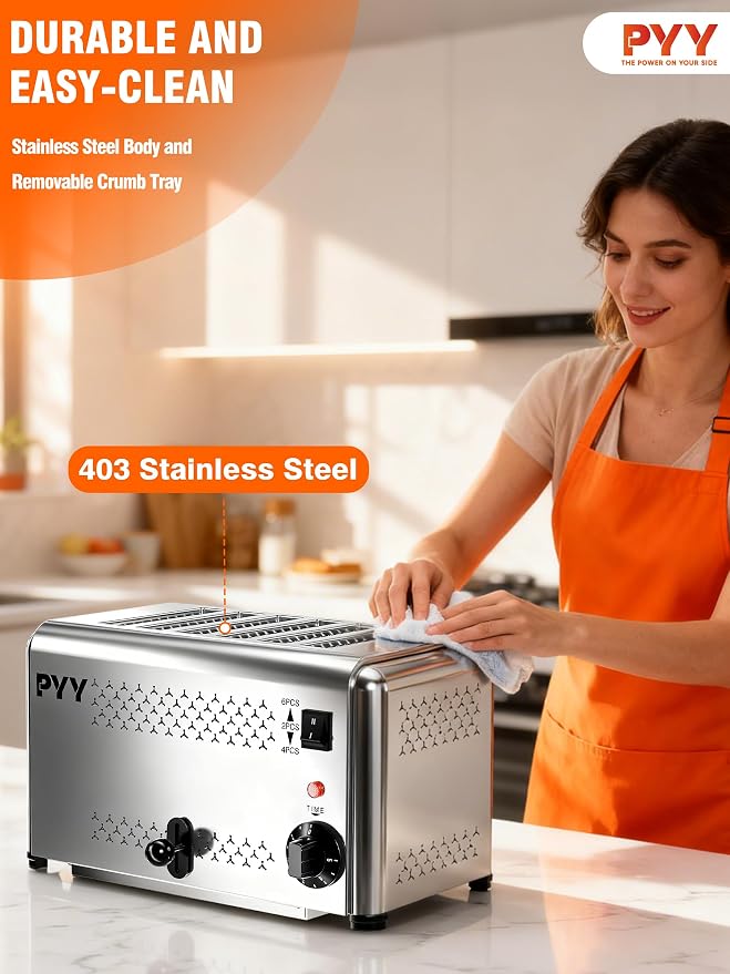 PYY Professional Commercial 6 Slice Toaster - 1800W Stainless Steel Heavy Duty Toaster, 6 Browning Levels, 1.1" Wide Slots, Removable Crumb Tray for Bagels Bread Waffles (Commercial & Home Use)