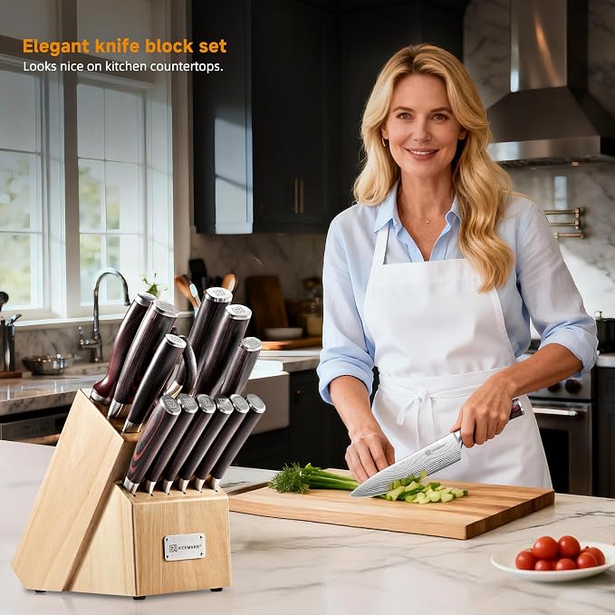KEEMAKE 14-Piece Knife Set with Block,Ultra Sharp Knife Block Set High Carbon Stainless Steel Kitchen Knife Set Professional Chef Knife Set with Ergonomic Pakkawood Handle and Sharpener