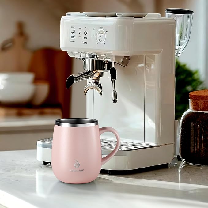 Ideus 16 oz Insulated Coffee Mug with Handle and Lid, Double Wall Stainless Steel Vacuum Thermal Coffee Mug, Travel Coffee Cup Thermal Cup for Home and Office, Sakura Pink