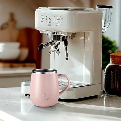 Ideus 16 oz Insulated Coffee Mug with Handle and Lid, Double Wall Stainless Steel Vacuum Thermal Coffee Mug, Travel Coffee Cup Thermal Cup for Home and Office, Sakura Pink