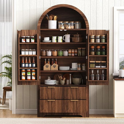 72" Tall Arched Kitchen Pantry Cabinet with 2 Drawers, Mid Century Modern Fluted Storage Cabinet with 8 Adjustable Door Shelves, Wooden Cupboard Organizer for Kitchens, Living Room (Walnut-6.3)