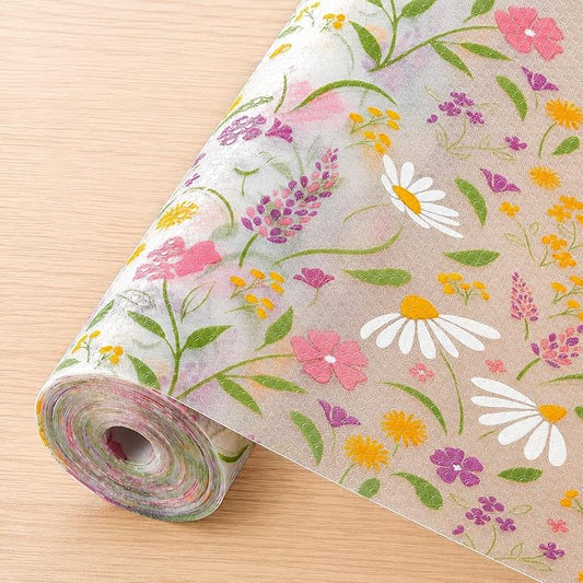 INNOLITES Shelf Liner for Kitchen Cabinets, Non-Adhesive Drawer Liner, Waterproof Washable EVA Floral Pattern, Protect Dresser Cupboard Refrigerator Shelves (Sage Wildflower, 23.6" x 360")