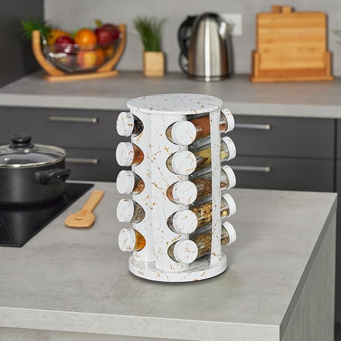 Relaxdays, White Spice Carousel, 20 Spice Jars, Shaker Insert, 360° Rotatable, Spice Bar, H x D 33.5 x 19 cm, Marble Look, Glass