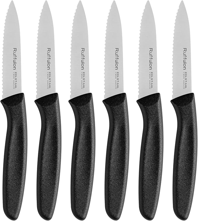 Stainless Steel Paring Knife With Serrated Blade, 6 Pieces Set Vegetable and Fruit Knife, Ultra Sharp Small Kitchen Knife, Black Paring Knives with PP Plastic Ergonomic Handle.
