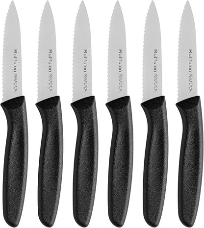 Stainless Steel Paring Knife With Serrated Blade, 6 Pieces Set Vegetable and Fruit Knife, Ultra Sharp Small Kitchen Knife, Black Paring Knives with PP Plastic Ergonomic Handle.