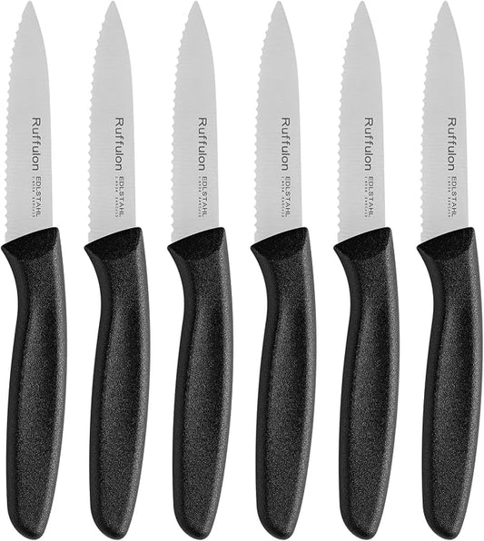Stainless Steel Paring Knife With Serrated Blade, 6 Pieces Set Vegetable and Fruit Knife, Ultra Sharp Small Kitchen Knife, Black Paring Knives with PP Plastic Ergonomic Handle.