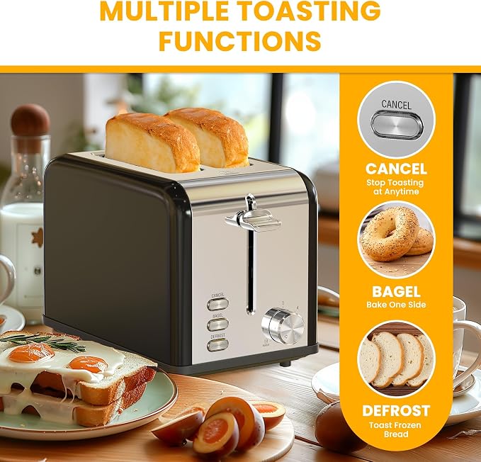 Simple Deluxe 2-Slice Toaster, 3 Function and 6 Browning Setting, Extra Wide Slot & Removable Crumb Tray, for Bread & Waffle, Black