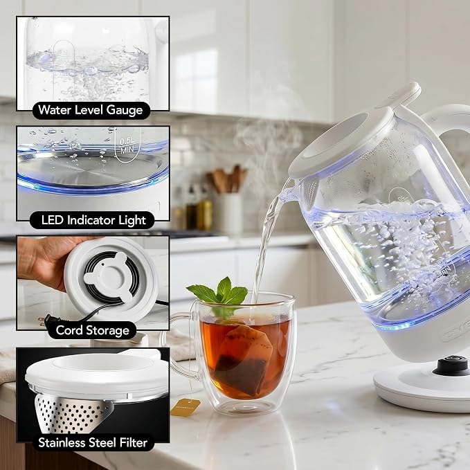 OVENTE Electric Kettle with 1.5L Borosilicate Glass, 1500W Fast Boiling Water Heater for Coffee or Tea, Easy to Fill Lid, Auto Shut-Off, Boil-Dry Protection & Stainless Steel Filter, White KG516W