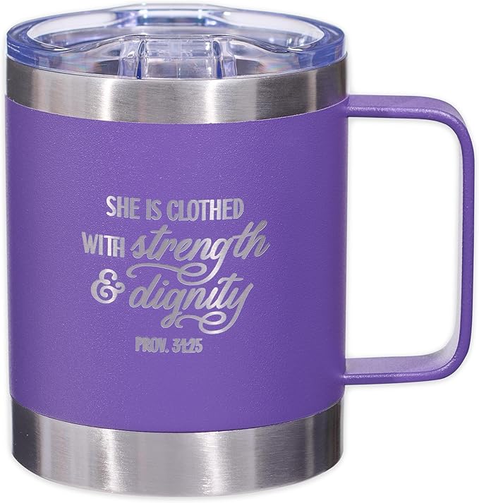 Christian Art Gifts Stainless Steel Double Wall Vacuum Insulated Camp Style Travel Mug 11 oz Purple Coffee Mug with Lid for Women - She is Clothed with Strength & Dignity -Proverbs 31:25