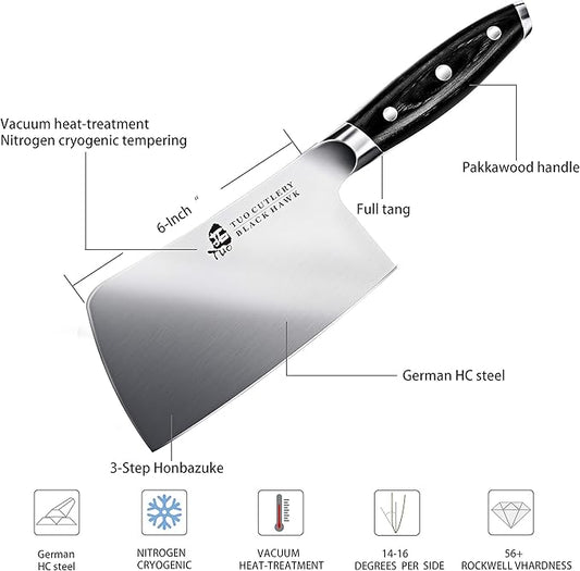 TUO Meat Cleaver, 6 Inch Heavy Duty Chopper Knife for Butcher & Kitchen, High Carbon German Steel, Full Tang Handle, Gift Box - Black Hawk Series