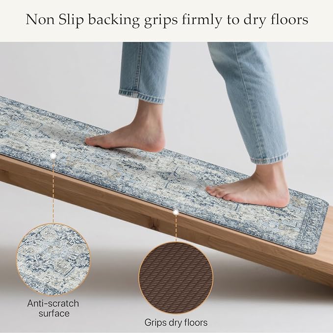 GENIMO Kitchen Mats for Floor 2PCs, Washable Anti Fatigue Mat for Cushioned, 17.3"x59"+17.3"x30", Waterproof Kitchen Rugs, Non Slip Foam Standing Mat Rug for Home, Sink, Office, Laundry, Light Blue