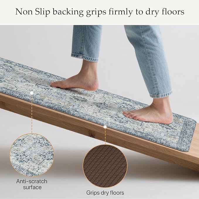 GENIMO Kitchen Mats for Floor 2PCs, Washable Anti Fatigue Mat for Cushioned, 17.3"x47"+17.3"x30", 0.4 inch, Waterproof Kitchen Rug, Non Slip Standing Mat for Home, Runner, Office, Laundry, Light Blue