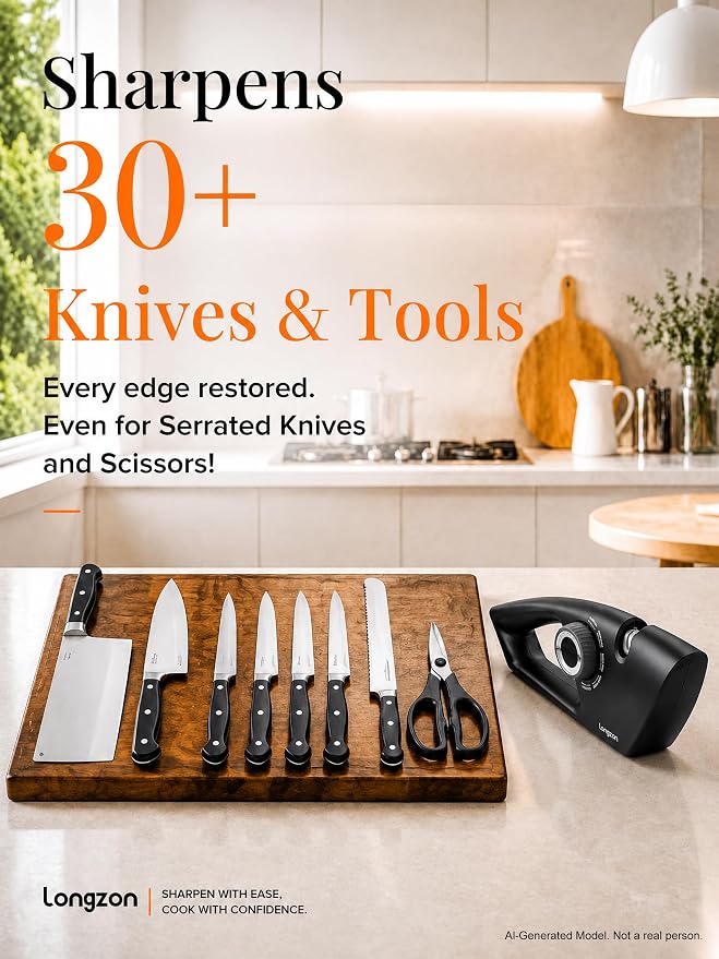 Longzon 6-in-1 Knife Sharpener 5 Stage with Cut-Resistant Glove, Manual Kitchen Tool for Scissors, Straight & Serrated Knives, Quickly Sharpens Restores & Polishes Dull Blades Safe for Home Kitchen