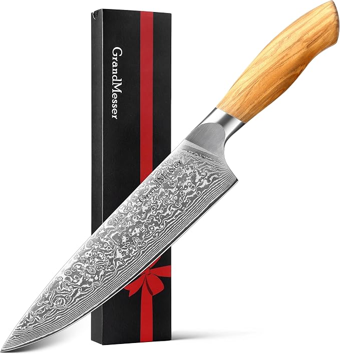 Damascus Chef Knife, 8 Inch Japanese Steel Kitchen Knife, 67-Layers AUS-10 Damascus Steel with Ergonomic Original Olive Wood Handle, Cooking Knives for Home Kitchen Gift Idea