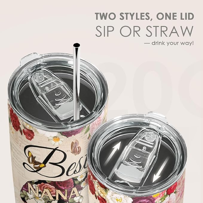 SANDJEST 20oz Insulated Tumbler for Nana, Best Nana Ever Floral Stainless Steel Travel Mug for Grandma from Grandkids