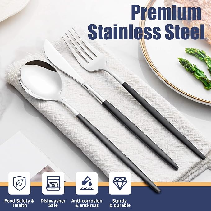 40 Piece Black Silver Silverware Set,Stainless Steel Flatware Cutlery Set Service for 8 Including Forks Spoons Knives,Utensil Set,Tableware for Home and Restaurant, Dishwasher Safe