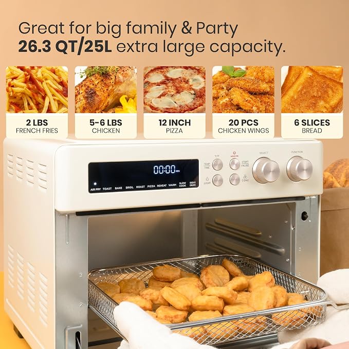 VAL CUCINA Retro 26.3 QT Infrared Heating Air Fryer Toaster Oven,Large Countertop Convection Oven 10-in-1 Combo, 6-Slice Toast, Enamel Baking Pan Easy Clean with Recipe Book, Almond Yellow Color