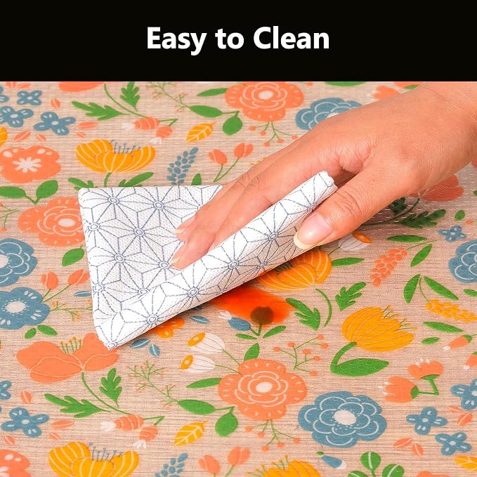 INNOLITES Shelf Liner for Kitchen Cabinets, Non-Adhesive Drawer Liner, Waterproof Washable EVA Floral Pattern, Protect Dresser Cupboard Refrigerator Shelves (Honey Coral Blue, 11.8" x 240")