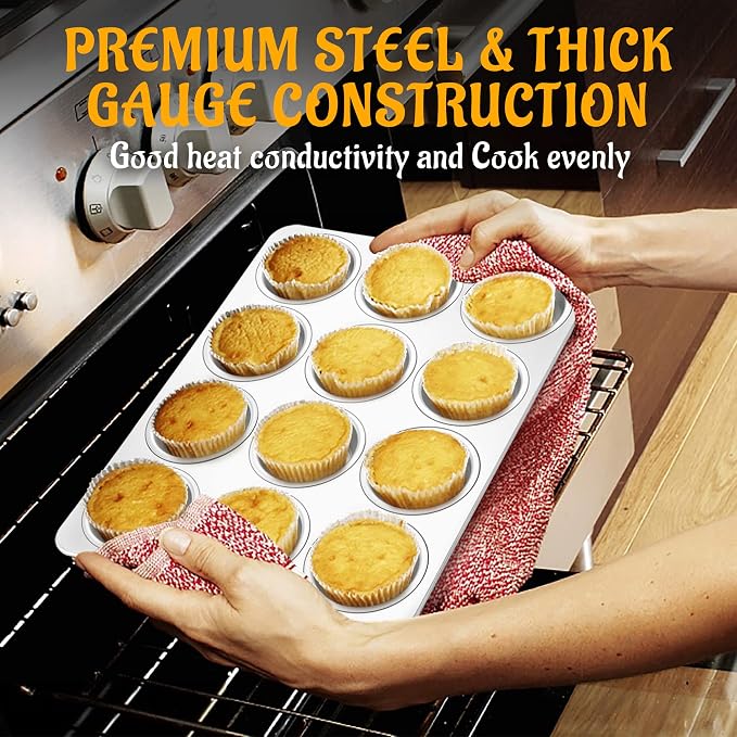 E-far Stainless Steel Muffin Pan Set of 6, 12 Cups Cupcake Pans Tins for Baking, Non-Toxic Metal Muffin Tray Molds for Small Mini Cupcake, Heavy Duty & Regular Size, Rust Free & Dishwasher Safe