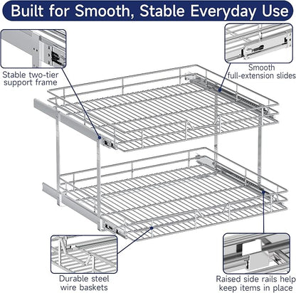 2-Tier Pull Out Cabinet Organizer, 27" W x 21.5" D, Heavy Duty Dual Slide Out Shelves for Wide Base Cabinets, Chrome Wire Basket Drawer for Pots, Pans, Pantry & Cleaning Supplies