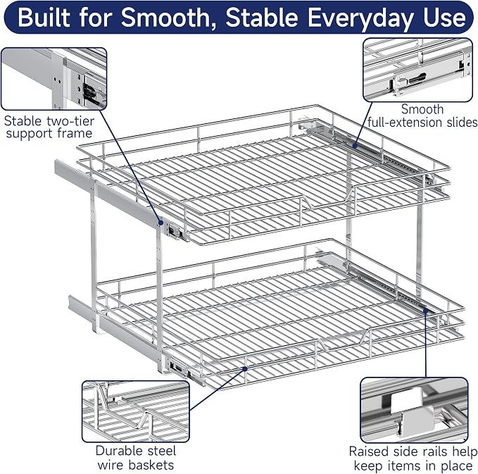 2-Tier Pull Out Cabinet Organizer, 25.5" W x 21.5" D, Heavy Duty Dual Slide Out Shelves for Wide Base Cabinets, Chrome Wire Basket Drawer for Pots, Pans, Pantry & Cleaning Supplies