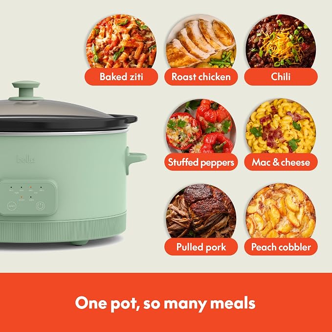 bella 6.0 Qt Programmable Slow Cooker, Ceramic Nonstick Coating, Adjustable Temperature & Cooking Times, Dishwasher Safe Stoneware Pot & Tempered Glass Lid, Tangle Free Cord Wrap, Seaglass