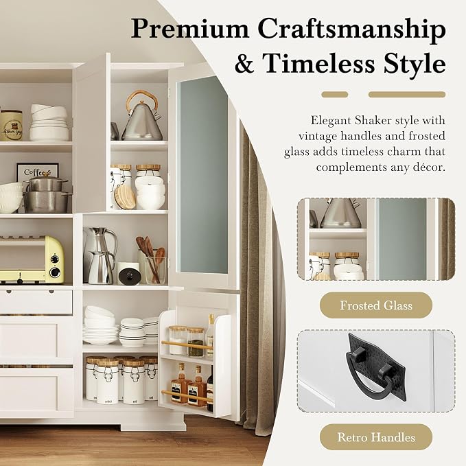 VilroCaz 78'' Tall Freestanding Kitchen Pantry with Hutch, Wooden Large Kitchen Storage Cabinet Cupboard with Drawers, Door Shelf and Adjustable Shelves for Dining Room Entryway (White-11.10)