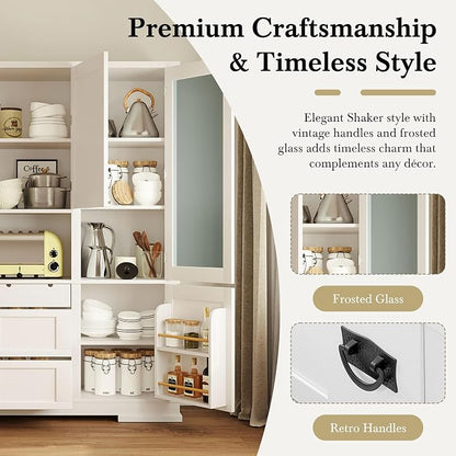 VilroCaz 78'' Tall Freestanding Kitchen Pantry with Hutch, Wooden Large Kitchen Storage Cabinet Cupboard with Drawers, Door Shelf and Adjustable Shelves for Dining Room Entryway (White-11.10)
