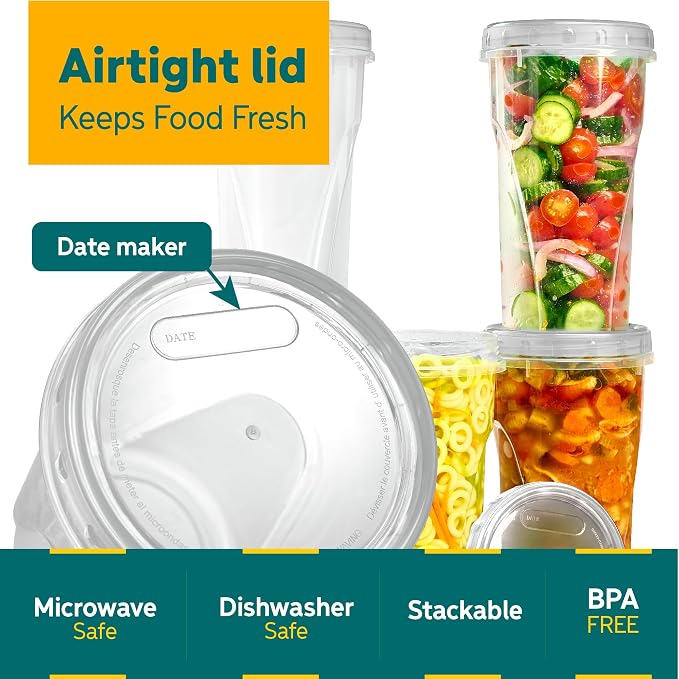 PLASTICPRO 12 Pack Twist Cap Food Storage Containers with Clear Screw on Lid- 48 oz Reusable Meal Prep Containers - Large Freezer Containers Microwave Safe Clear Plastic Food Storage