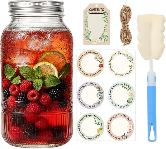 64oz Mason Jars Wide Mouth 1-Pack, Half Gallon Glass Canning Jars with Stainless Steel Airtight Lids, Large Glass Containers for Pantry Storage, Fermenting, Pickling, Cold Brew, DIY Projects