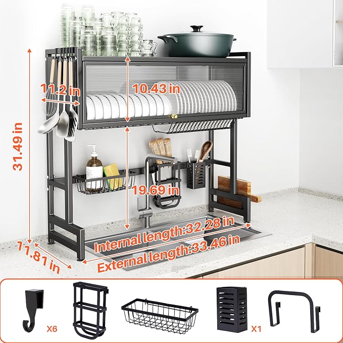Over The Sink Dish Drainer Drying Rack 3 Tiers with Cover, Keep Kitchen Sink Shlef Organized Space-Saving Dish Drying Rack, Large Stainless Steel Sink Drying Rack for Dishes, Bowls, Cutlery (33.4"W)