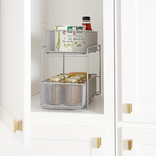 YBM Home Silver 2 Tier Mesh Sliding Spice and Sauces Basket Cabinet Organizer Drawer 2304