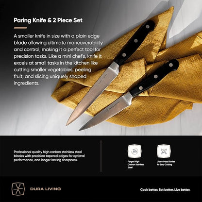 DURA LIVING 3-Piece Kitchen Knife Set – Ultra-Sharp Forged High Carbon Stainless Steel, Includes 8" Chef, 5" Utility, 3.5" Paring Knives, Ergonomic Handles, Professional Starter Set, Black