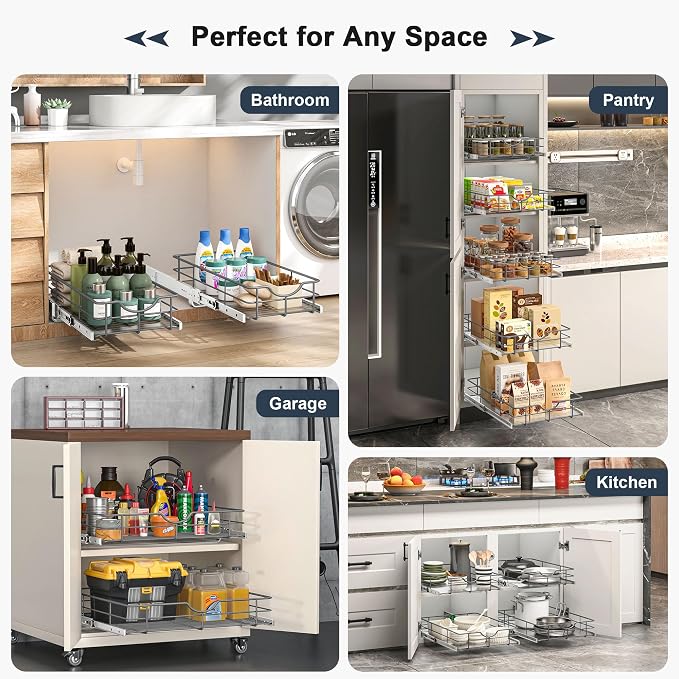Pull Out Shelves - 20" W x 22" D Soft Close Pull Out Cabinet Organizer 1 Tier - Sliding Shelves with Shelf Liner - Heavy Duty Steel Wire Drawers for Kitchen Cabinets, Pantry, Bathroom