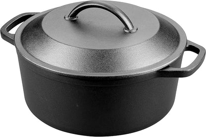 VORRINGARD Pre-Seasoned Cast Iron Dutch Oven with Lid, Round and Dual Handles, for Stovetop, Camping, Grill, Induction, Electric, Black, 6qt