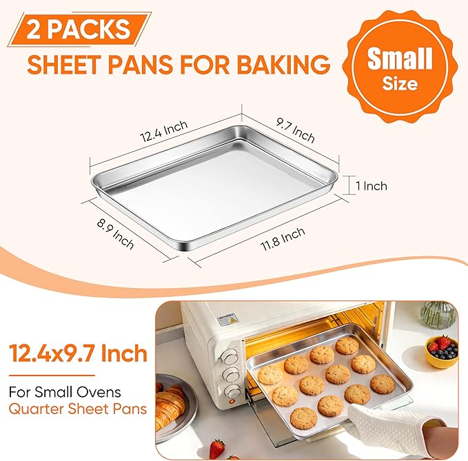 LIANYU Stainless Steel Baking Sheet Pans of 2, 12.4x9.7 Inch Quarter Sheet Pan, Heavy Duty Cookie Sheet for Baking, Bakeware Oven Tray for Food, Non Toxic & Easy Clean, Dishwasher Safe