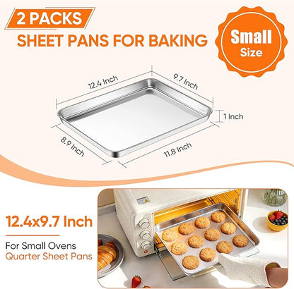 LIANYU Stainless Steel Baking Sheet Pans of 2, 12.4x9.7 Inch Quarter Sheet Pan, Heavy Duty Cookie Sheet for Baking, Bakeware Oven Tray for Food, Non Toxic & Easy Clean, Dishwasher Safe