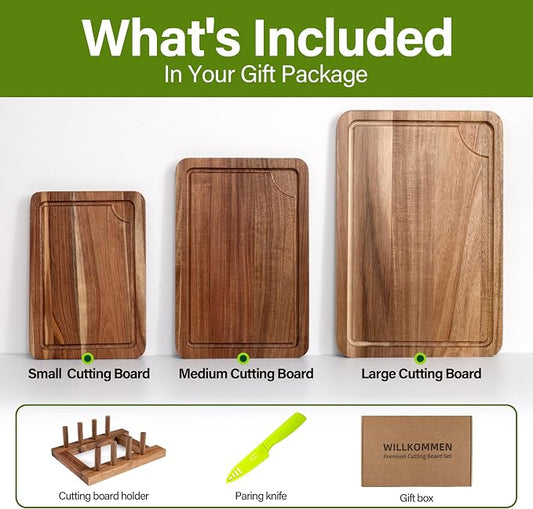 WILLKOMMEN Acacia Wood Cutting Board Set for Kitchen, 3-Piece Chopping Boards with Stand & Juice Groove & Handles, Heavy Duty Wooden Butcher Block for Meat, Vegetables (Small, Medium, Large)