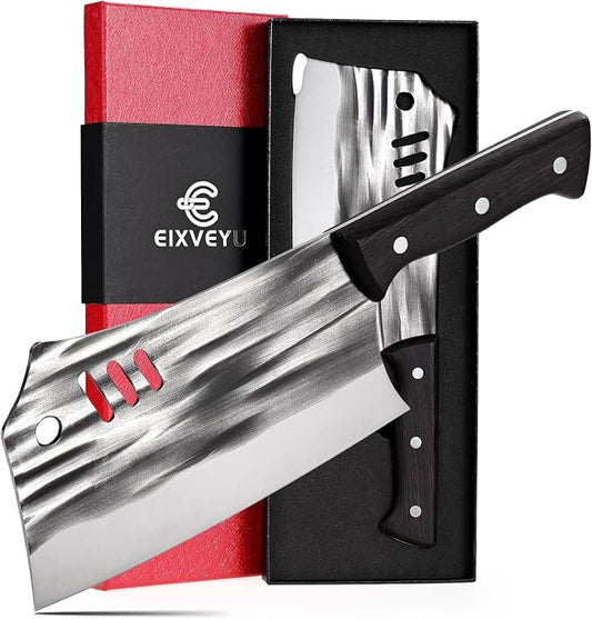 SHI BA ZI ZUO Chopping Knife Forged Cleaver Knife Heavy Duty Kitchen Knife for Meat Cutting with Anti-Slip Wooden Handle