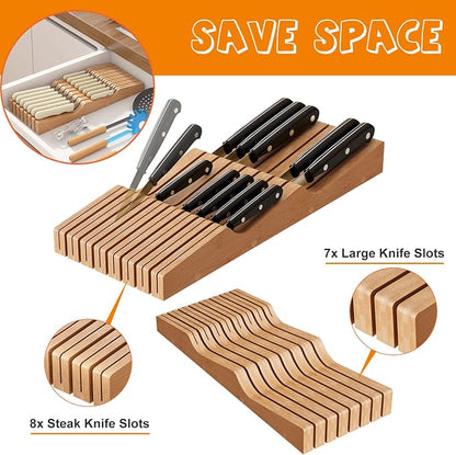 In-Drawer Knife Block Organizer - Bamboo Wood Drawer Knife Organizer-Protecting Knife Organizer Block (Not Included) (Natural, 15 Knives Dock)