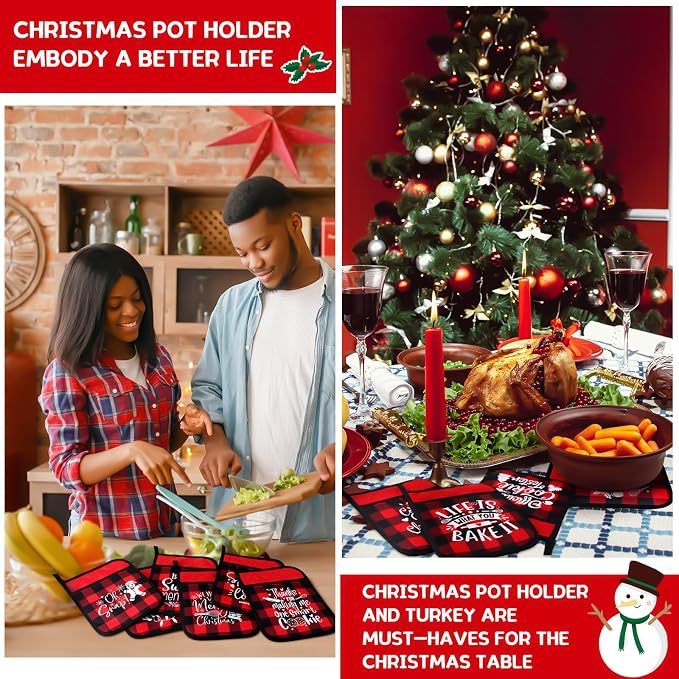 Layhit 12 Pieces Christmas Pot Holders with Pocket Heat Resistant Oven Mitts Hot Pads Farmhouse Cookie Bag for Kitchen Baking Cooking Appreciation Gift(Buffalo Plaid)
